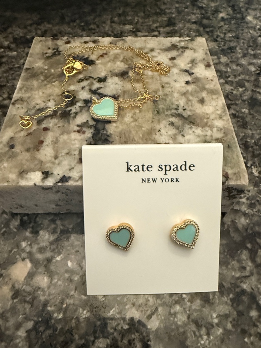 kate spade Gold Heart Pendant Necklace and Tiffany Blue Enamel Heart Studs